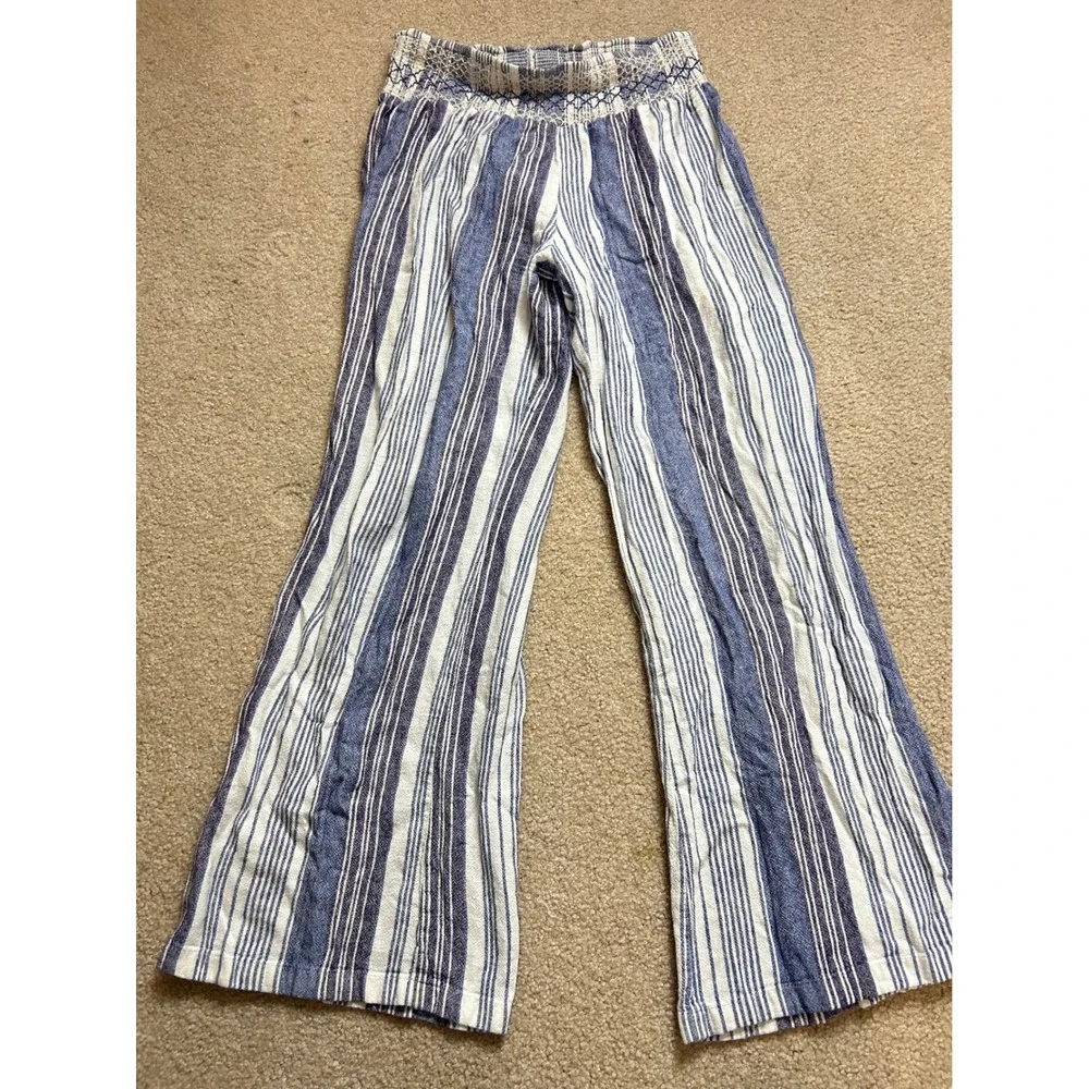 Indigo Rein Striped Wide Leg Pants Women's Size Medium Linen Blend Smocked Waist